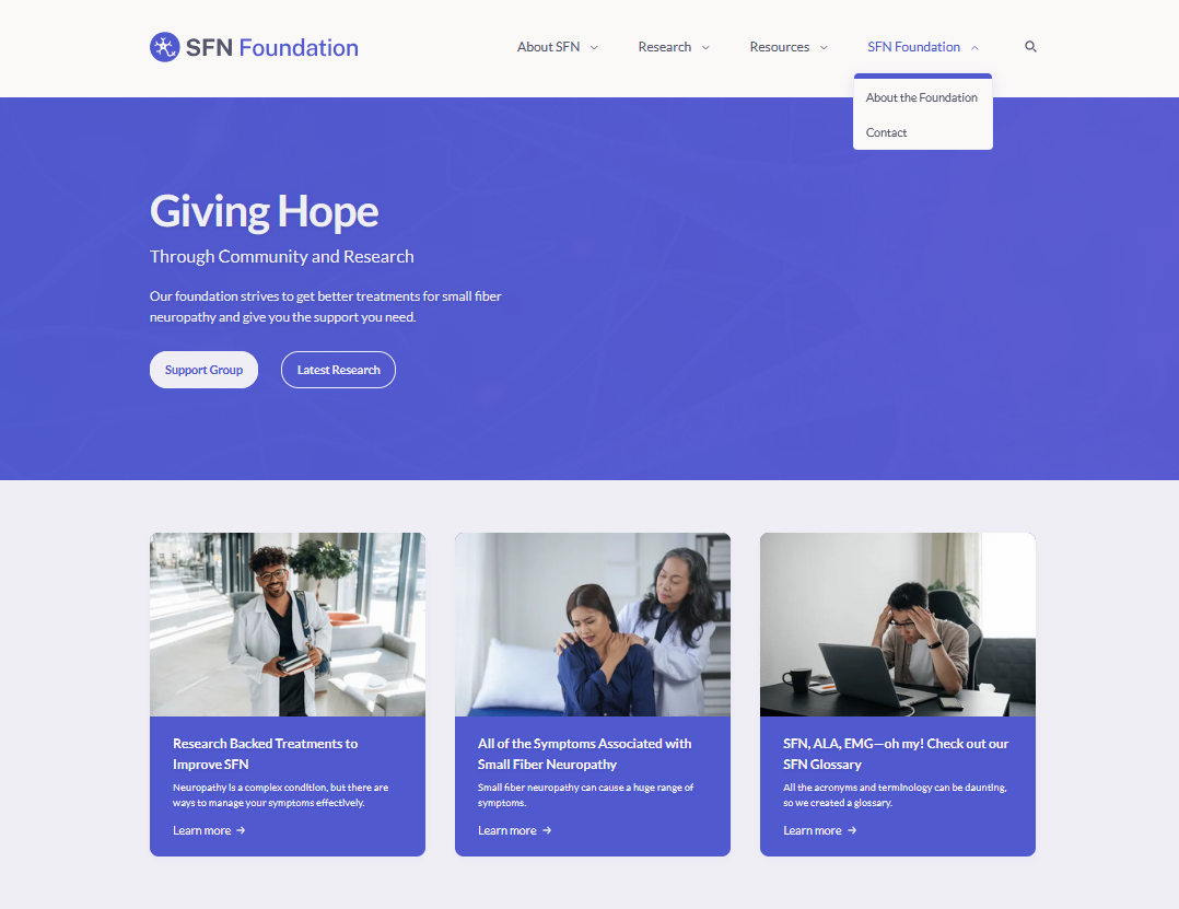 SFN Foundation homepage showing purple-blue palette and mutual aid links