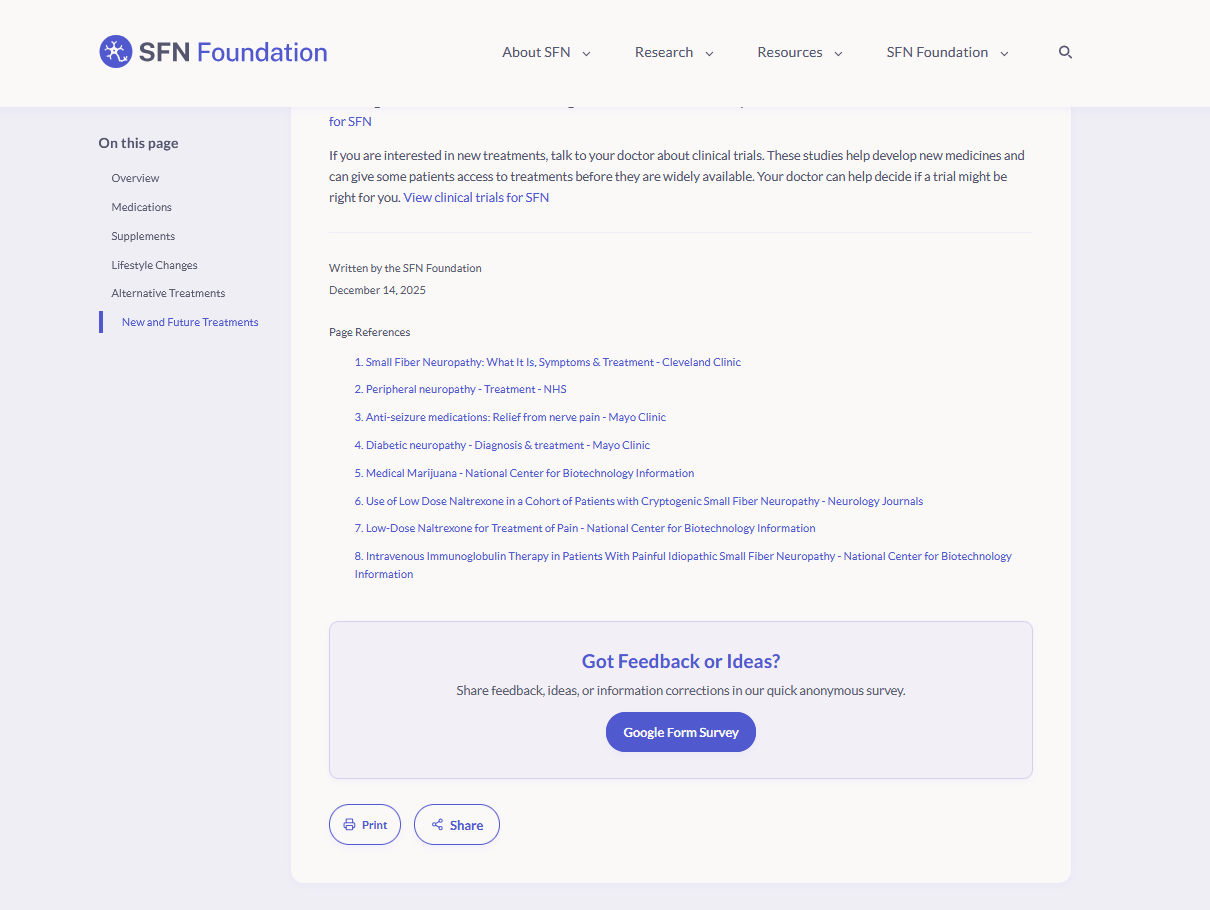SFN Foundation information page showing specialist byline, cited sources, patient testimonials, and feedback button