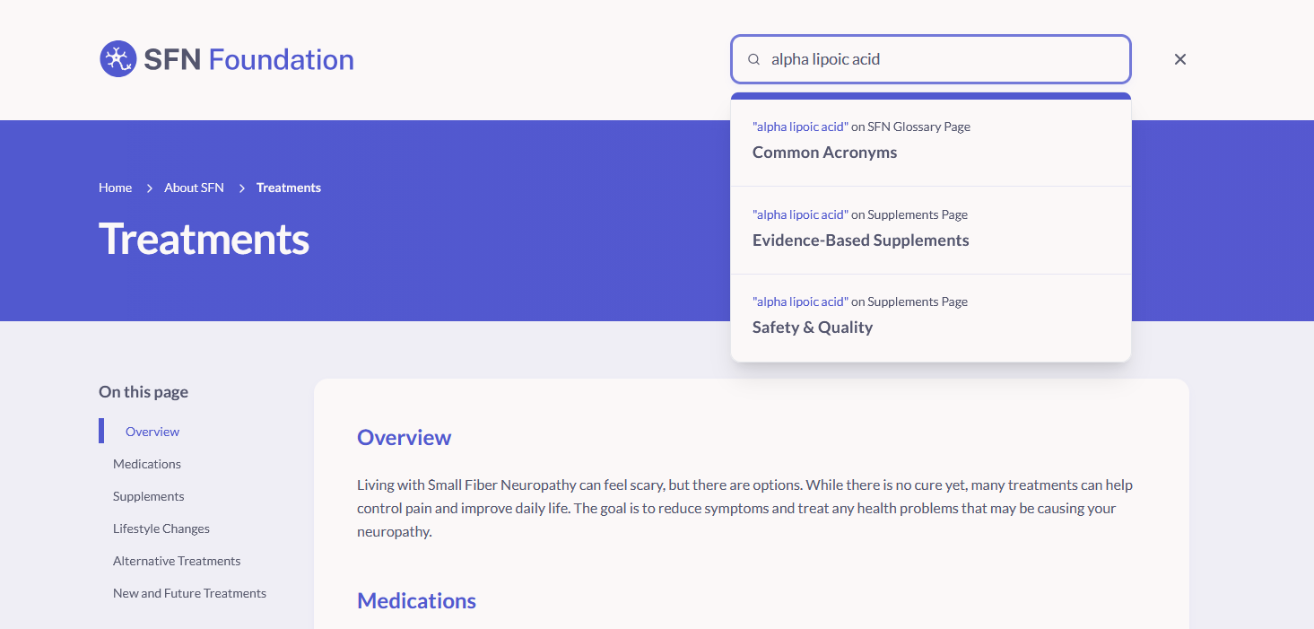 SFN Foundation relevance-filtered search UI